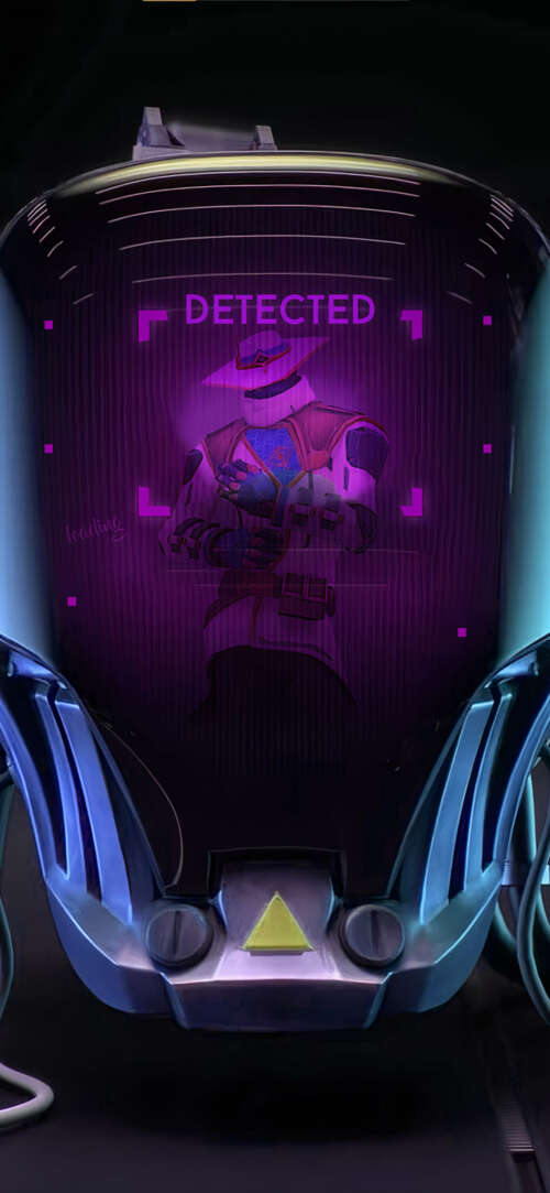The robotic combat agent KAY/O from the video game Valorant in a tactical pose. Apple iPhone 16e wallpaper