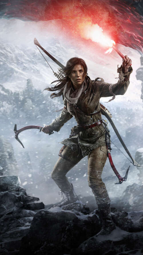 Close-up of Lara Croft from the video game Rise of the Tomb Raider lava Play Max free hd wallpapers
