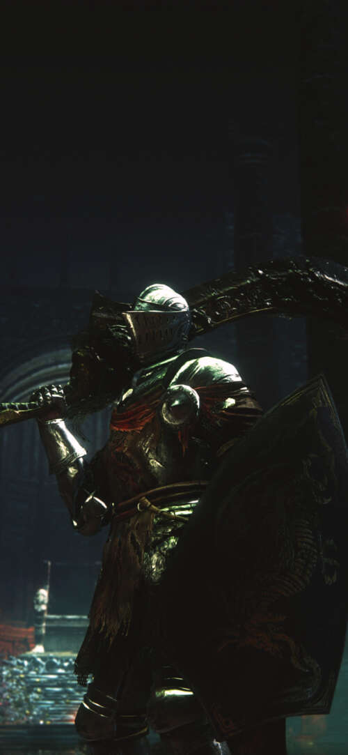 Un Cavaliere di Lothric, con un’armatura pesante e consunta, proveniente dal videogioco...