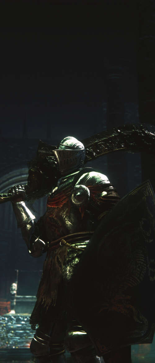 Un Cavaliere di Lothric, con un’armatura pesante e consunta, proveniente dal videogioco...