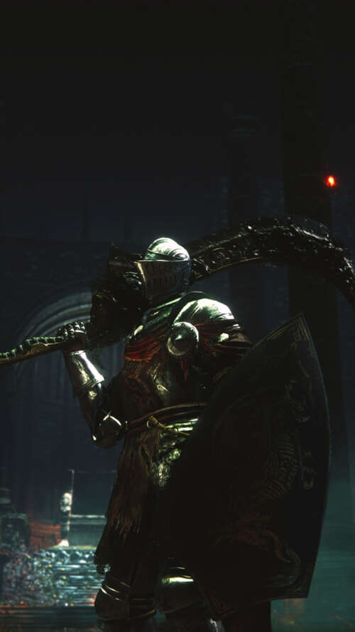 Un Cavaliere di Lothric, con un’armatura pesante e consunta, proveniente dal videogioco...