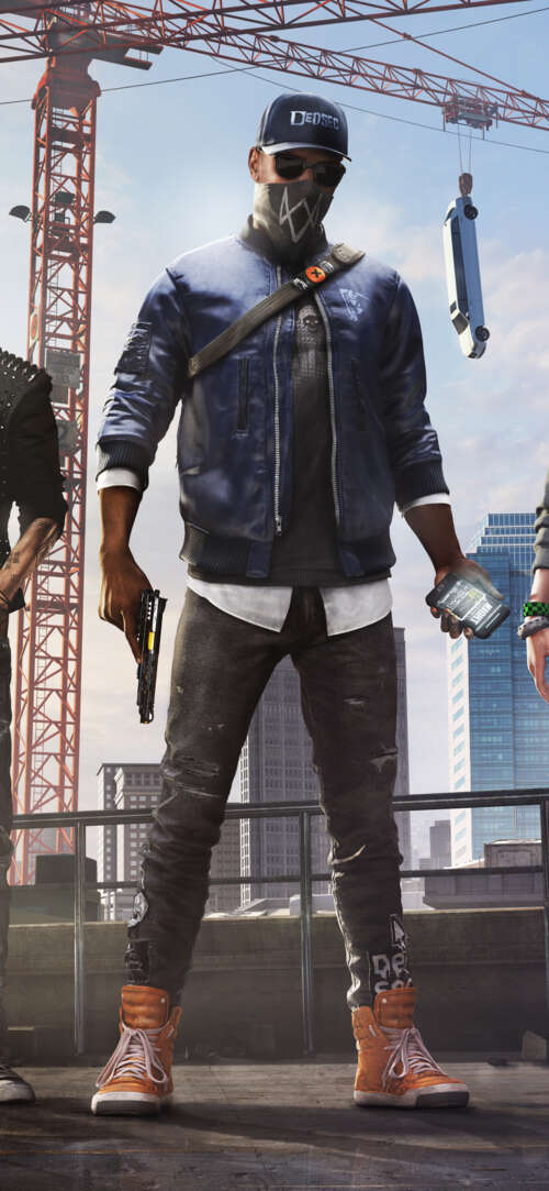 A group portrait of Marcus Holloway, Sitara Dhawan, and Wrench, the iconic hacker... Oppo Find X9 Ultra cell phone backgrounds free