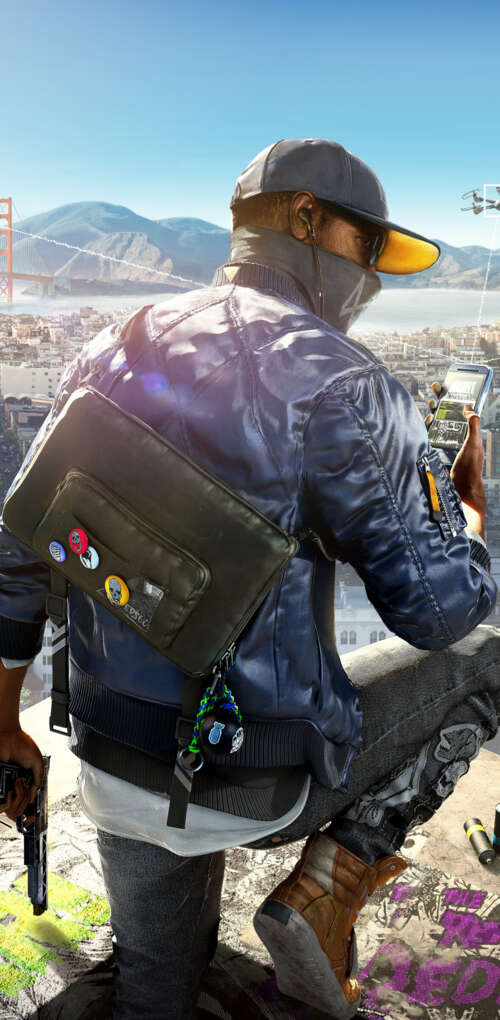 Marcus Holloway from the video game Watch Dogs 2 in an urban hacking setting. Huawei Mate 30 Pro free background