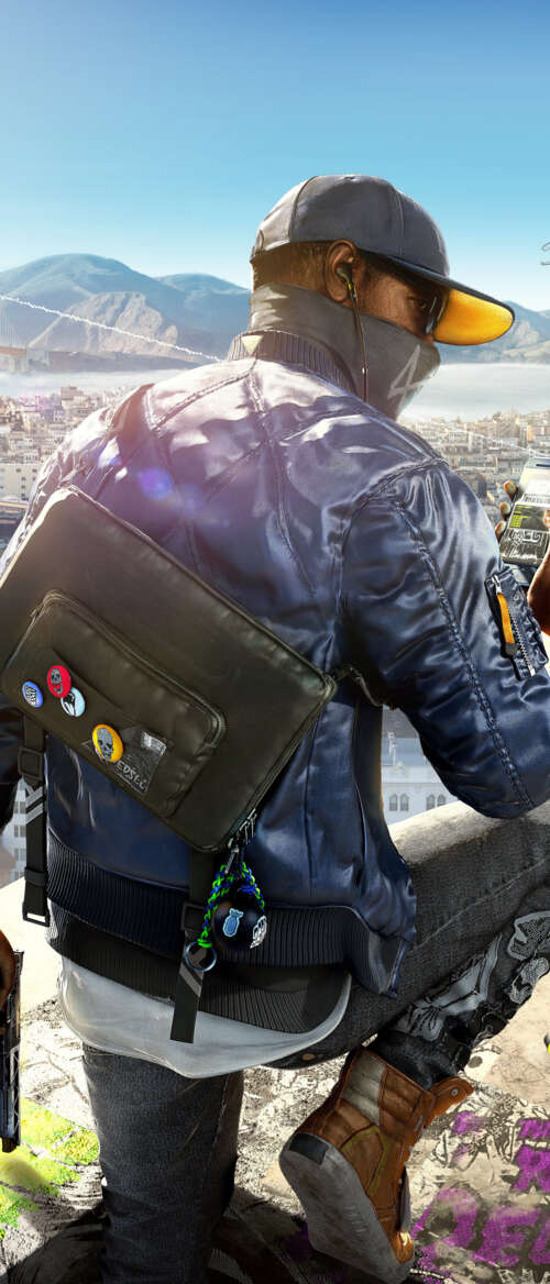 Marcus Holloway from the video game Watch Dogs 2 in an urban hacking setting. Samsung Galaxy Z Flip7 wallpapers for android