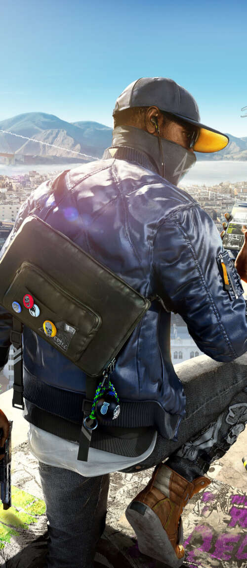 Marcus Holloway from the video game Watch Dogs 2 in an urban hacking setting. Xiaomi Redmi 14C 5G download free wallpaper for phone