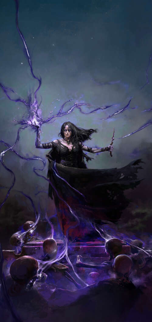 A dark Necromancer character from Path of Exile 2 surrounded by necrotic magic and... TCL K70 download free phone wallpaper