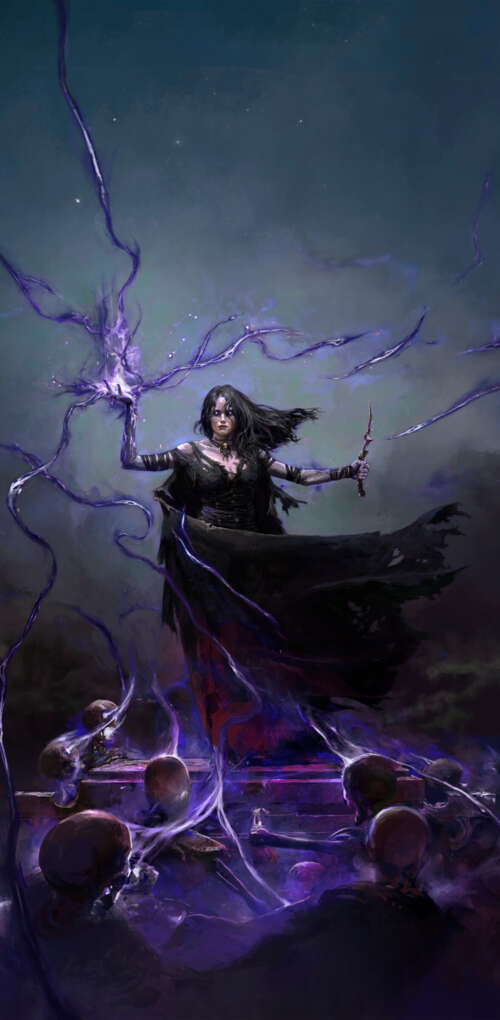 A dark Necromancer character from Path of Exile 2 surrounded by necrotic magic and... Huawei Mate 30 Pro wallpaper photo gallery download