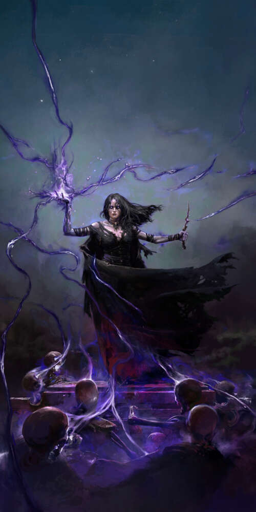 A dark Necromancer character from Path of Exile 2 surrounded by necrotic magic and... Doogee Fire 3 Max hd background