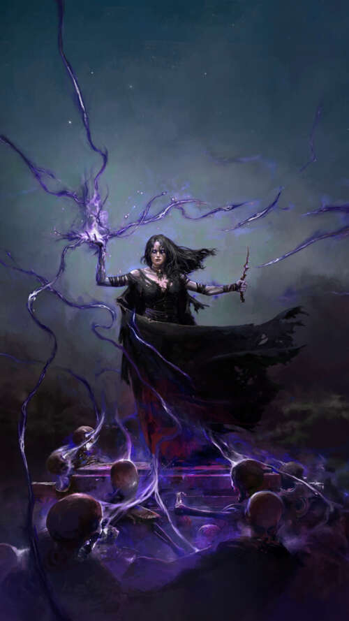 A dark Necromancer character from Path of Exile 2 surrounded by necrotic magic and... lava Play Max free hd wallpapers