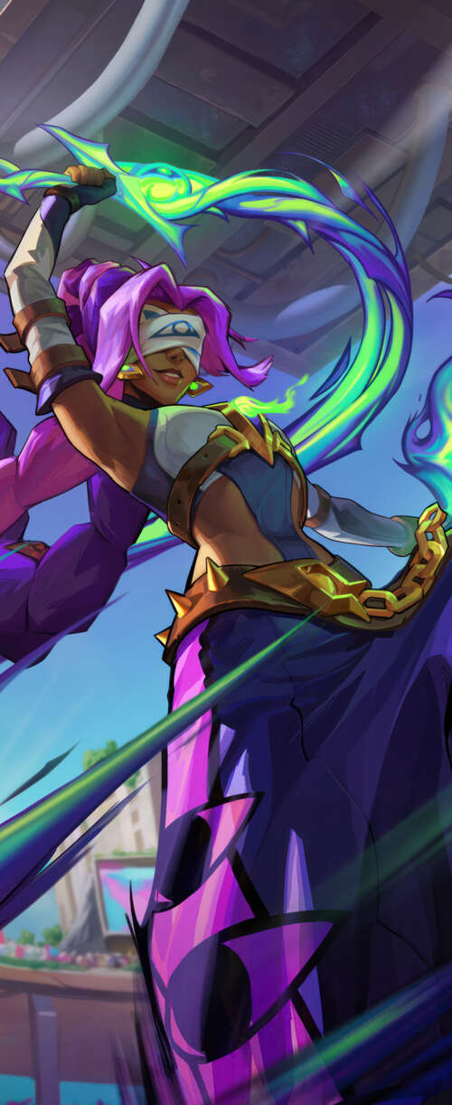 Detailed character art of Nilah from League of Legends featuring her signature blue... Meizu Note 16 hand phone wallpaper