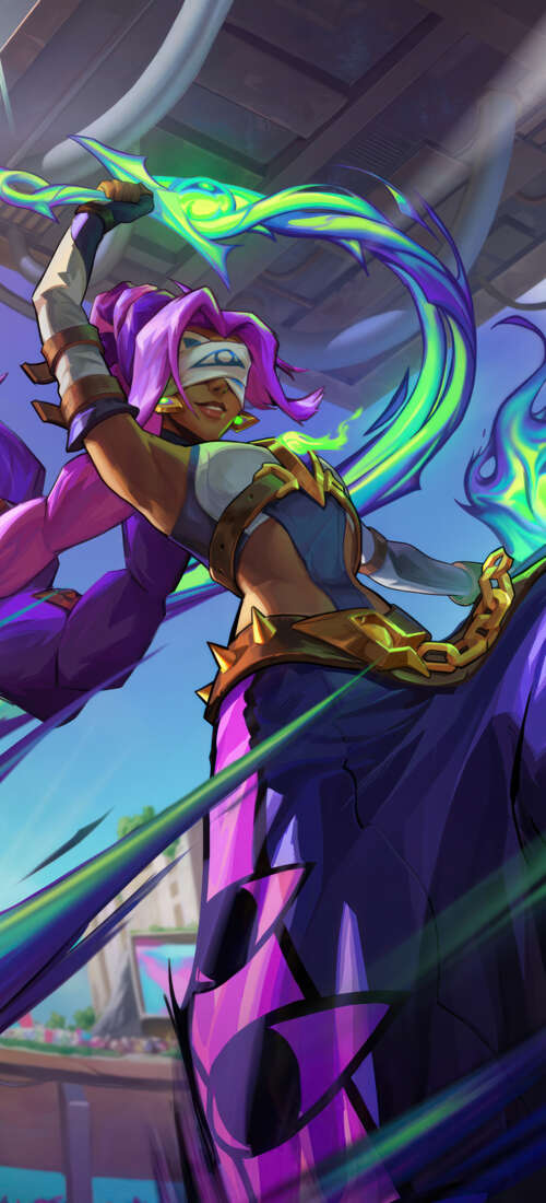Detailed character art of Nilah from League of Legends featuring her signature blue... Honor X9d wallpaper