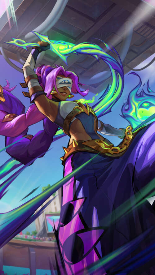 Detailed character art of Nilah from League of Legends featuring her signature blue... lava Play Max wallpaper images