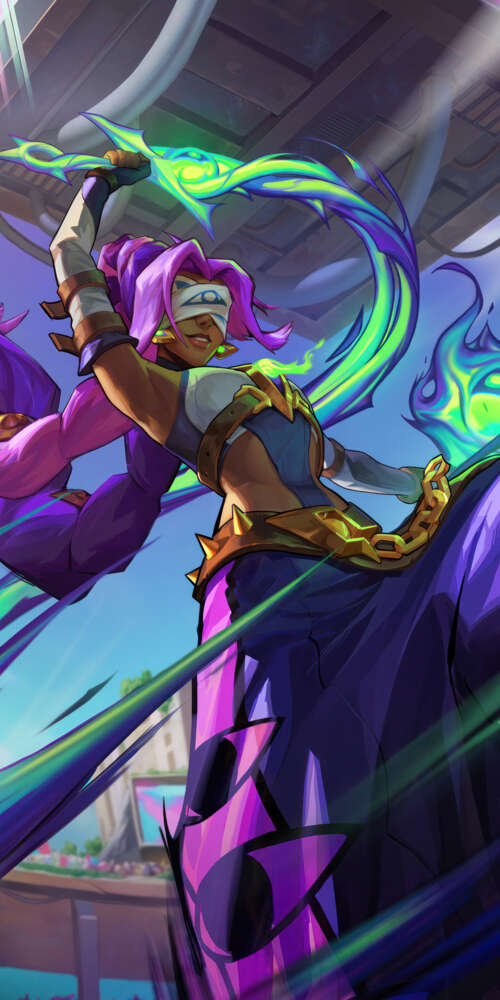 Detailed character art of Nilah from League of Legends featuring her signature blue... Doogee Fire 3 Max lock screen wallpaper
