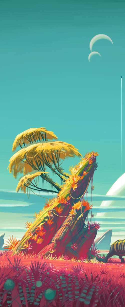 The Traveler from No Man's Sky overlooking a colorful, alien landscape. wallpaper