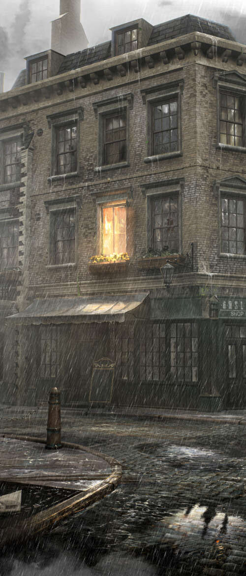 A dark, rain-drenched view of Victorian-style buildings in London, inspired by the... nubia Flip 3 mobile wallpaper
