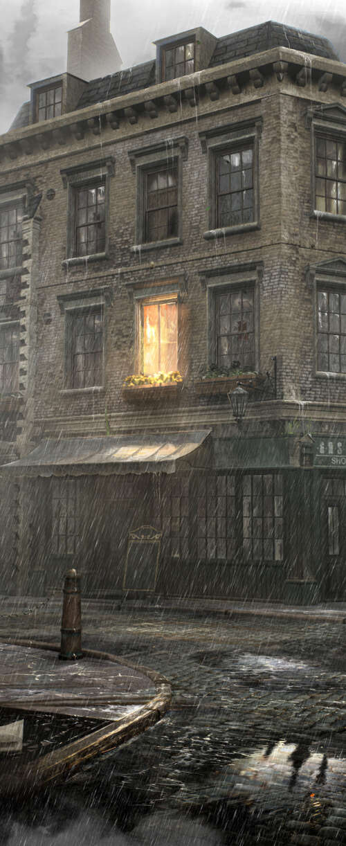 A dark, rain-drenched view of Victorian-style buildings in London, inspired by the... Meizu Note 16 high definition wallpaper