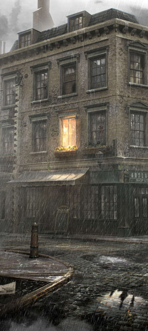 A dark, rain-drenched view of Victorian-style buildings in London, inspired by the... agm G3 free wallpaper