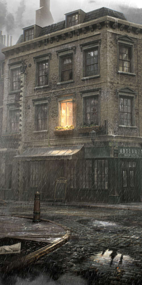 A dark, rain-drenched view of Victorian-style buildings in London, inspired by the... Doogee Fire 3 Max wallpaper download