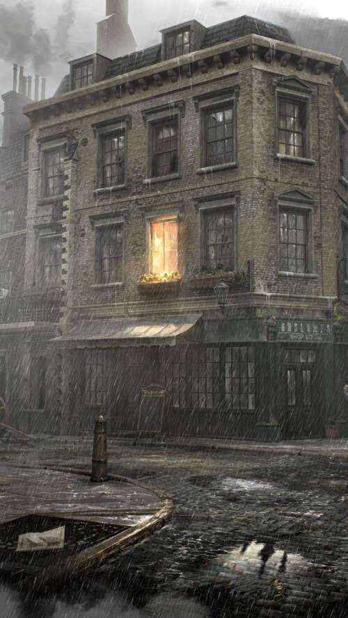 A dark, rain-drenched view of Victorian-style buildings in London, inspired by the... lava Play Max hand phone wallpaper