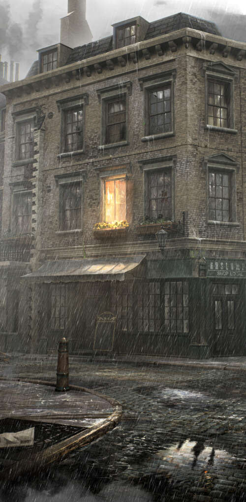 A dark, rain-drenched view of Victorian-style buildings in London, inspired by the... Huawei Mate 30 Pro free hd wallpapers