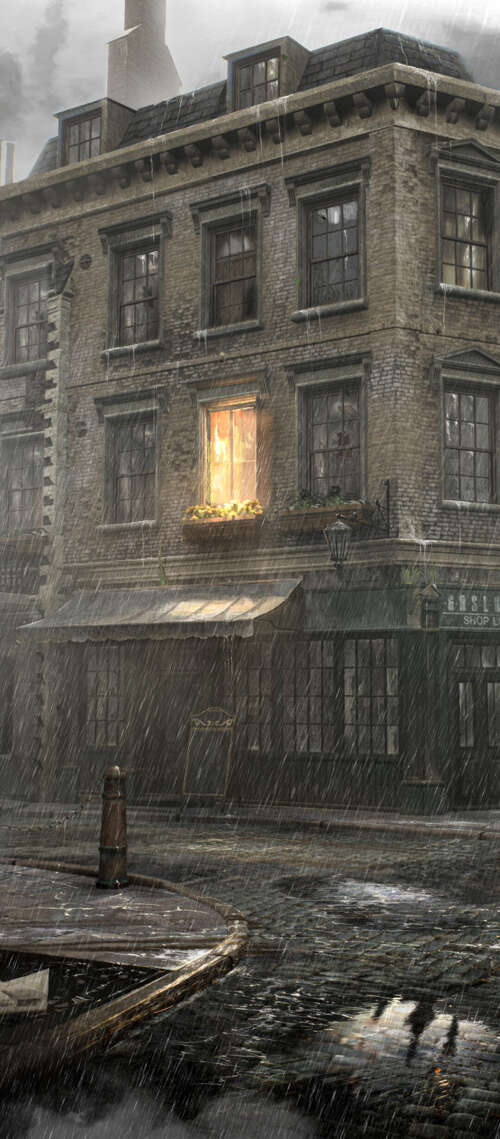A dark, rain-drenched view of Victorian-style buildings in London, inspired by the... Doogee S300 Plus free hd wallpapers