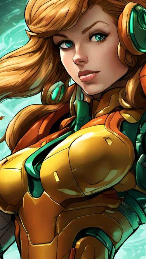Samus Aran wearing her iconic Power Suit from the Metroid video game series. lava Play Max wallpaper