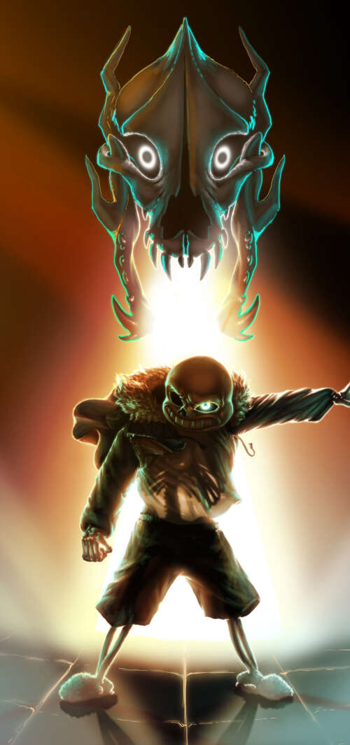 Sans, lo scheletro protagonista del videogioco Undertale, indossa la sua caratteristica...