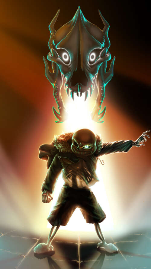 Sans, lo scheletro protagonista del videogioco Undertale, indossa la sua caratteristica...