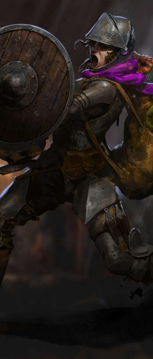 A dark fantasy character in heavy medieval gear standing in a dimly lit stone dungeon,... free wallpaper