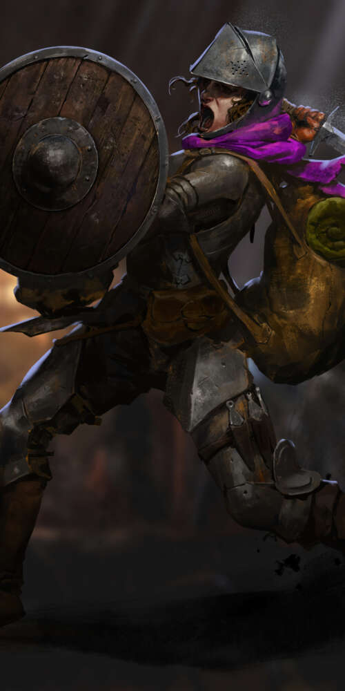 A dark fantasy character in heavy medieval gear standing in a dimly lit stone dungeon,... Doogee Fire 3 Max wallpaper
