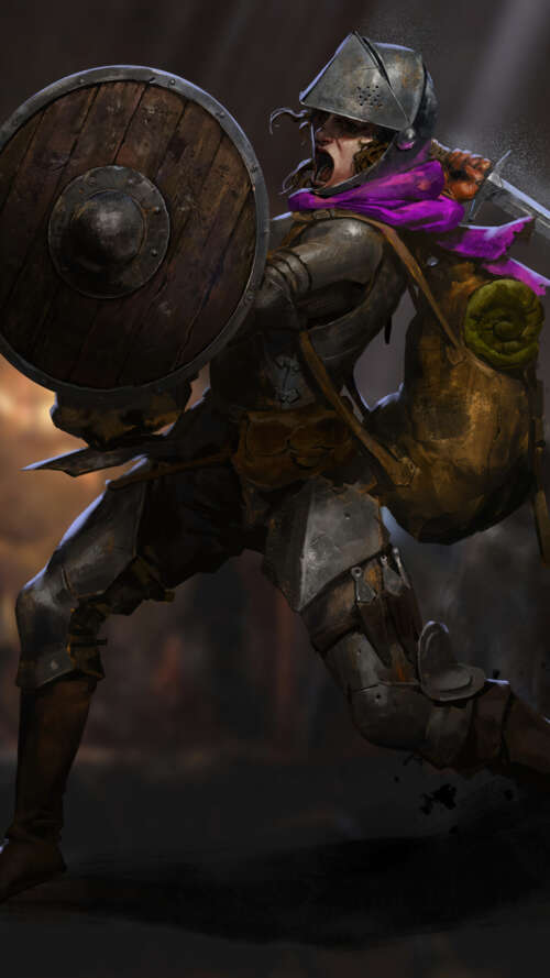 A dark fantasy character in heavy medieval gear standing in a dimly lit stone dungeon,... lava Play Max lock screen wallpaper