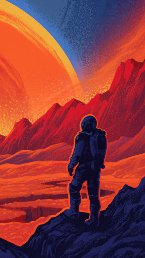 Un astronauta dettagliato, con indosso una tuta spaziale futuristica, fluttua in... lava Play Max