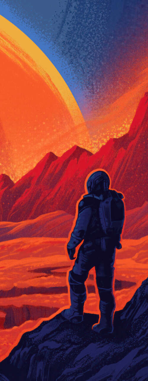 Un astronauta, con indosso una tuta spaziale dettagliata, fluttua tra stelle e nebulose... Telefono