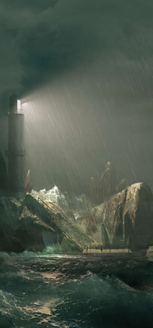 A cinematic view of a lighthouse on a rocky island amidst a raging ocean storm, inspired... Samsung Galaxy S26 Ultra