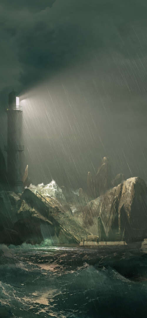 A cinematic view of a lighthouse on a rocky island amidst a raging ocean storm, inspired... Oppo Find X9 Ultra