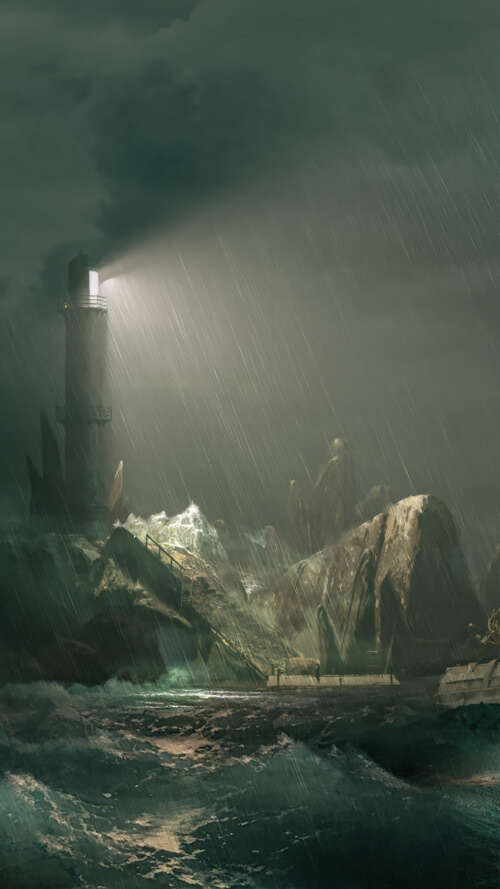 A cinematic view of a lighthouse on a rocky island amidst a raging ocean storm, inspired... lava Play Max hand phone wallpaper