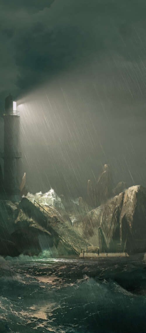 A cinematic view of a lighthouse on a rocky island amidst a raging ocean storm, inspired... Doogee S300 Plus free hd wallpapers