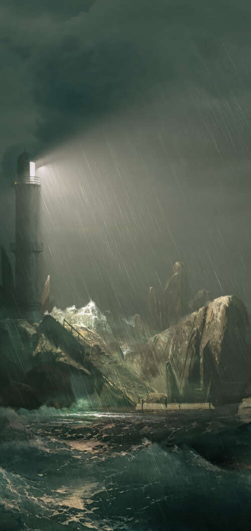A cinematic view of a lighthouse on a rocky island amidst a raging ocean storm, inspired... TCL K70 free background