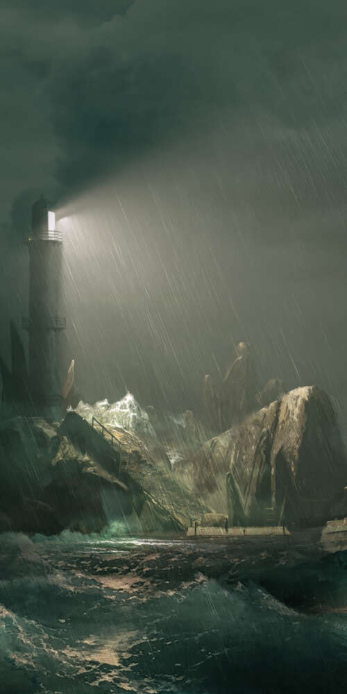 A cinematic view of a lighthouse on a rocky island amidst a raging ocean storm, inspired... Doogee Fire 3 Max wallpaper download