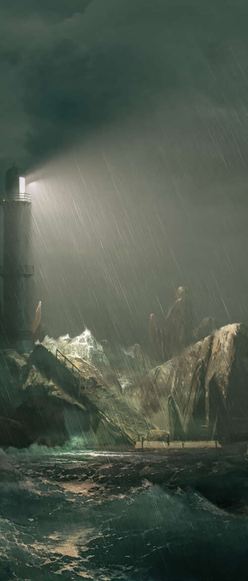 A cinematic view of a lighthouse on a rocky island amidst a raging ocean storm, inspired... nubia Flip 3 mobile wallpaper