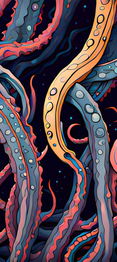 Abstract cosmic horror depiction of Cthulhu with massive tentacles emerging from...