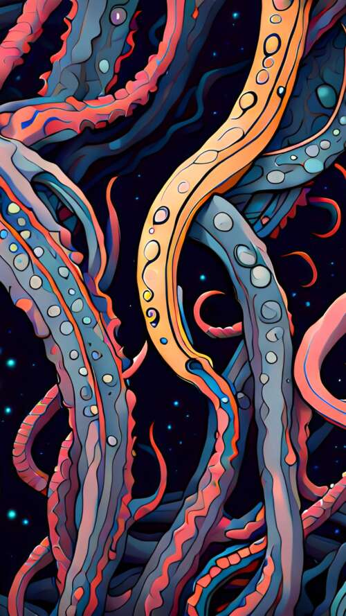 Abstract cosmic horror depiction of Cthulhu with massive tentacles emerging from... lava Play Max download free phone wallpaper
