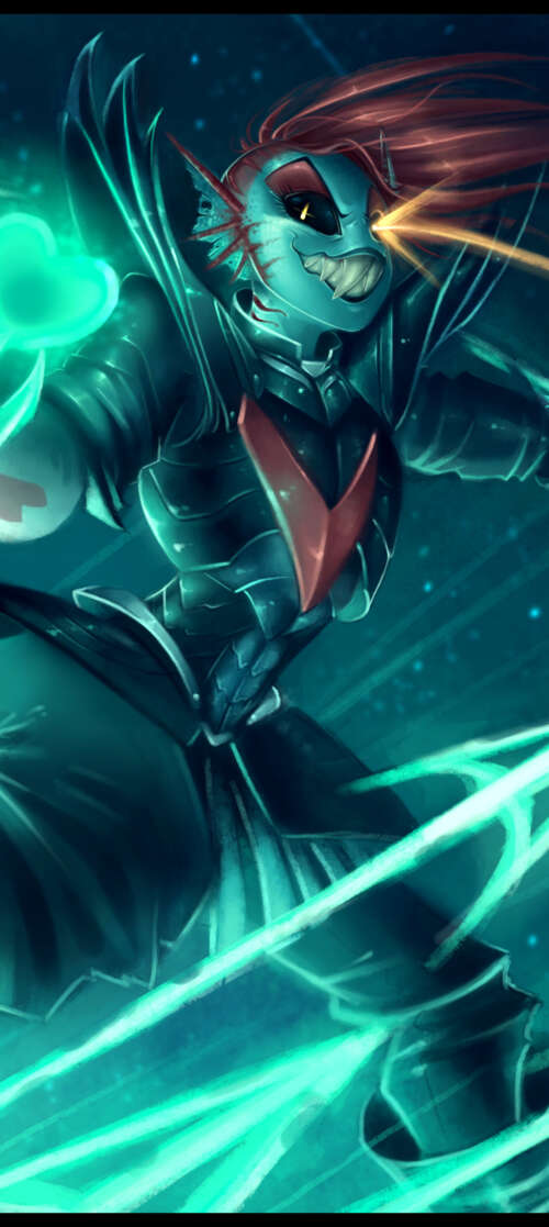 Undyne The Undying from Undertale wearing heavy armor with a prominent red heart... agm G3 hd background