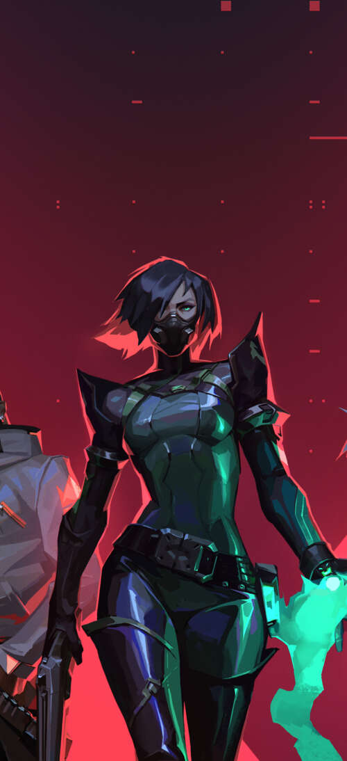 Una foto di gruppo dei personaggi di Valorant: Jett, Cypher, Viper, Phoenix e Sova.