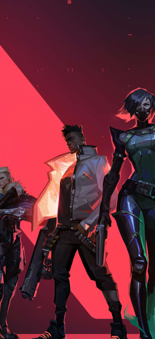 Un ritratto di gruppo dei personaggi del videogioco Valorant: Jett, Viper, Phoenix,...