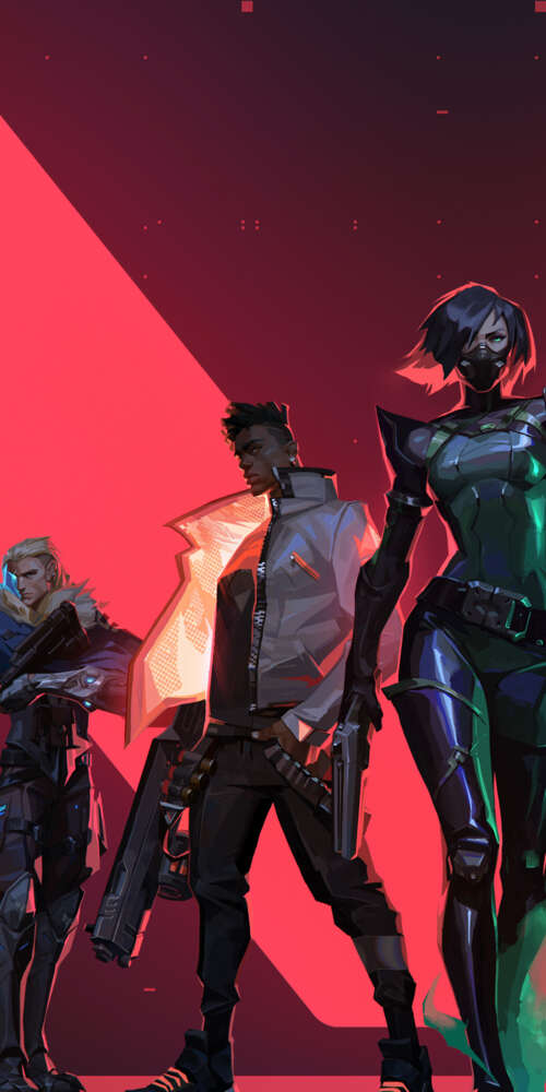 Un ritratto di gruppo dei personaggi del videogioco Valorant: Jett, Viper, Phoenix,...
