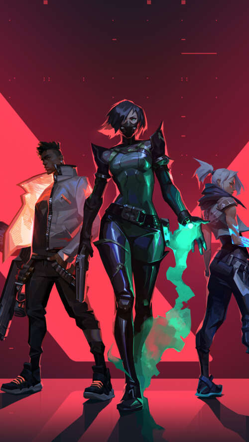 Un ritratto di gruppo dei personaggi del videogioco Valorant: Jett, Viper, Phoenix,... lava Play Max