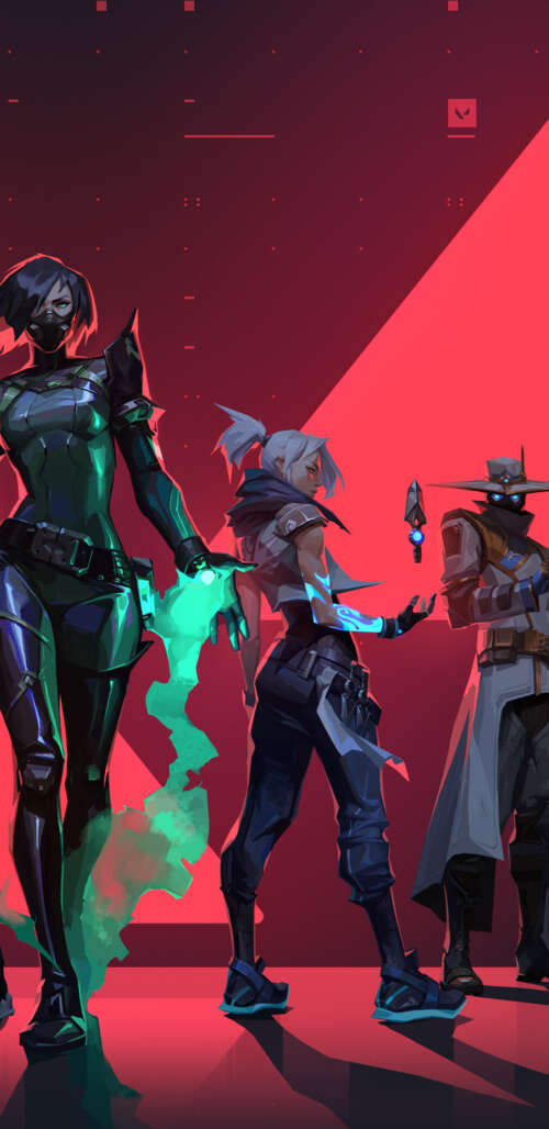 Un ritratto di gruppo dei personaggi di Valorant: Jett, Cypher, Viper, Phoenix e...