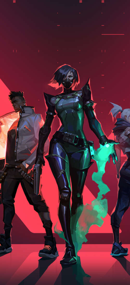 A group lineup of Valorant characters Jett, Phoenix, Viper, Sova, and Cypher. realme neo7 Turbo