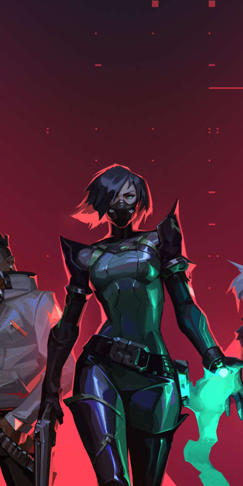 A lineup of Valorant characters including Jett, Viper, Phoenix, Sova, and Cypher. wallpaper download